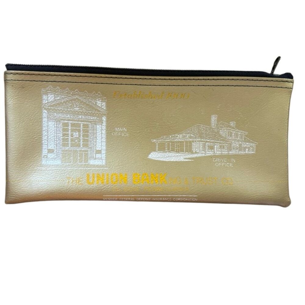 Vintage Union Banking & Trust Co Deposit Bag Gold Vinyl Zipper Pouch DuBois PA